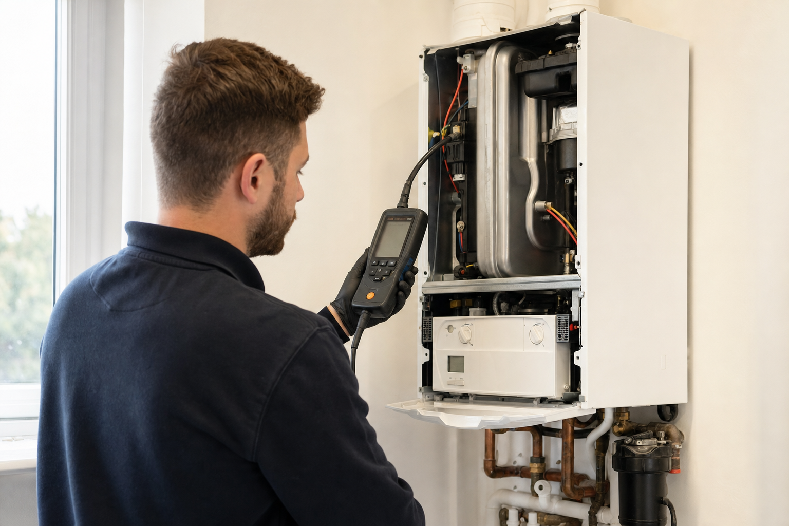 Engineer using a flue gas analyser to service an open gas boiler
