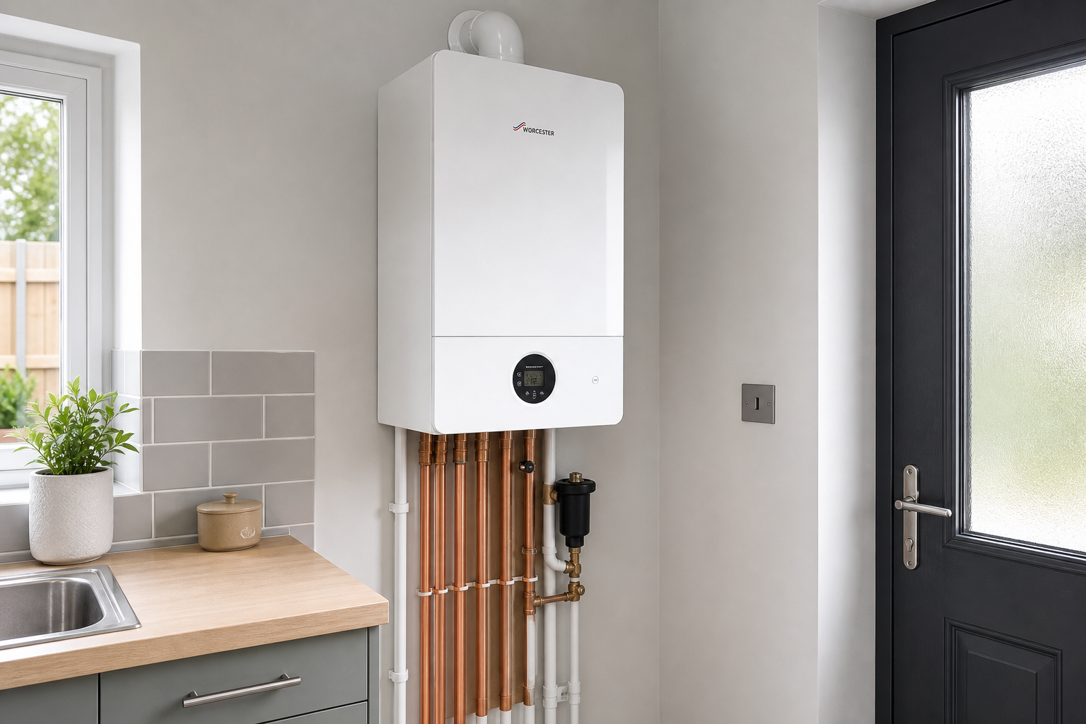 Newly installed wall-mounted gas combi boiler with copper pipework in a modern utility area